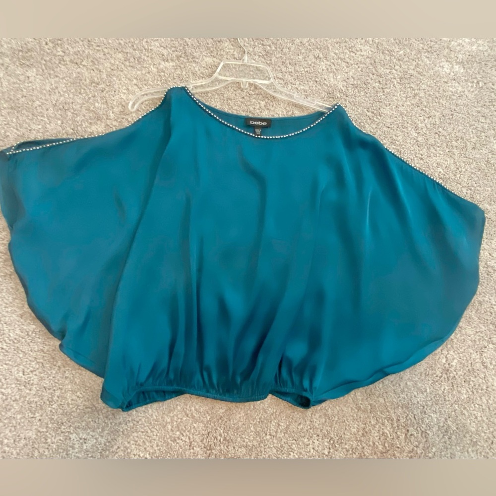 Teal Open Shoulder Top With Rhinestones Bebe